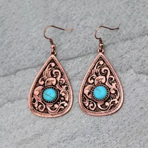 Boho Ethnic Turquoise Teardrop Earrings - Bronze Vintage Pattern Design