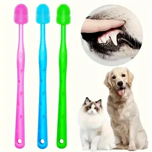 Three-piece set 360-degree rotating dog toothbrush with soft bristles, non-electric plaque and tartar cleaning tool, made with high-quality recyclable handle, gentle on teeth pet care product, anti-slip textured grip, easy-to-clean material