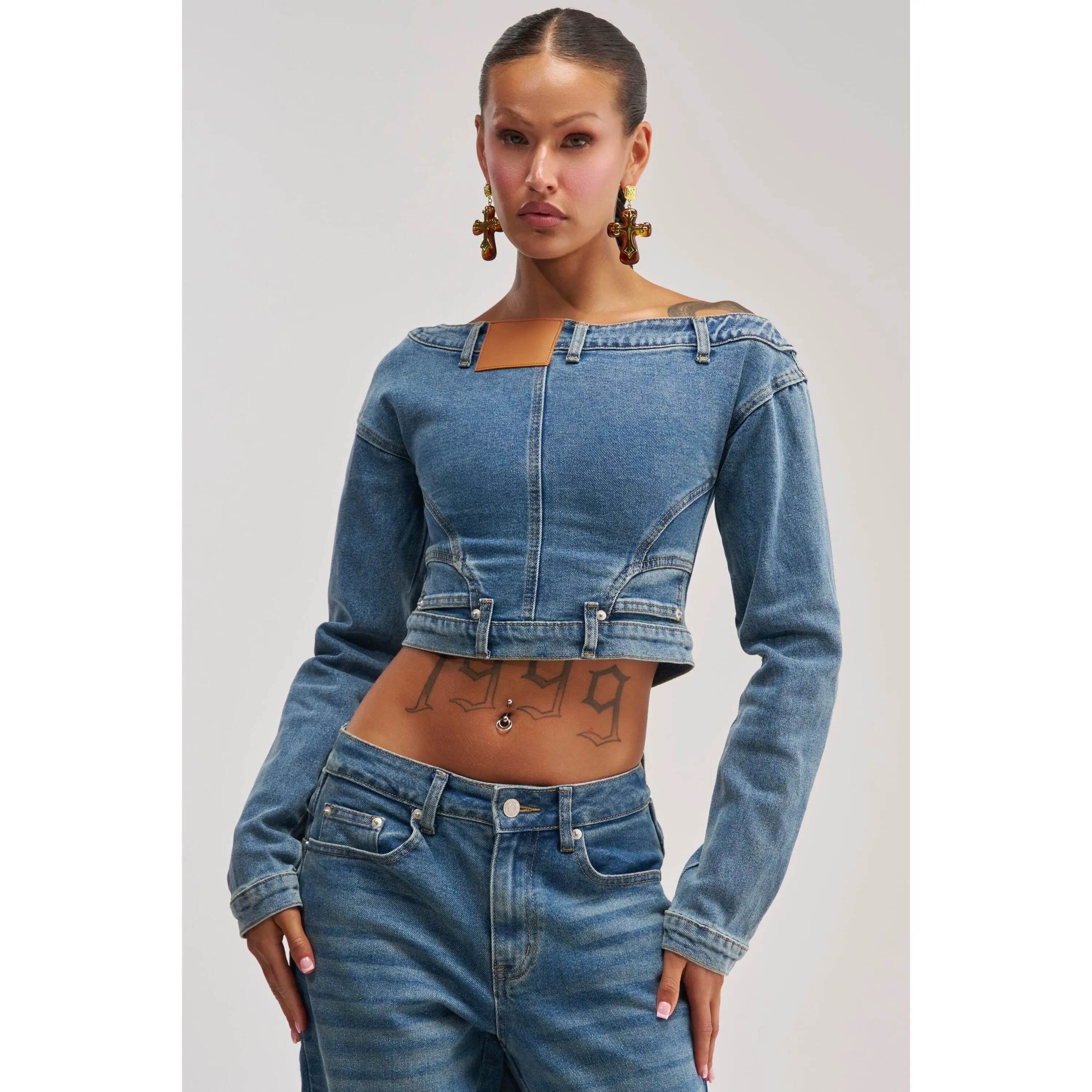 SHAKE IT OFF DENIM OFF THE SHOULDER TOP