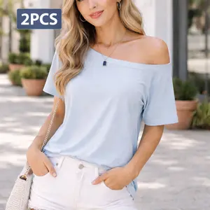 2PCS Women’s Cotton Blend Off Shoulder T Shirts 92% Cotton 8% Spandex Stretch Loose Fit Streetwear Summer Basic Tops
