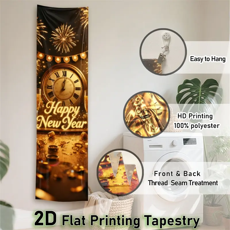 Golden New Year Vertical Tapestry Wall Hanging | 2D Flat Printing Tapestry for Men | Countdown Clock Pattern Wall Art for Bedroom Living Room | Festive Fireworks Display Polyester Tapestries | Luminous Golden Theme New Year Home Decoration for 2026