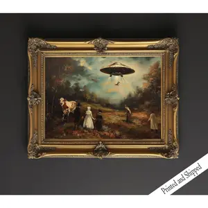 UFO Wall Art, Victorian Landscape, Funny Altered Art Print, Eclectic Print, Alien Abduction, Wall Decor ATTG146 5-12 12