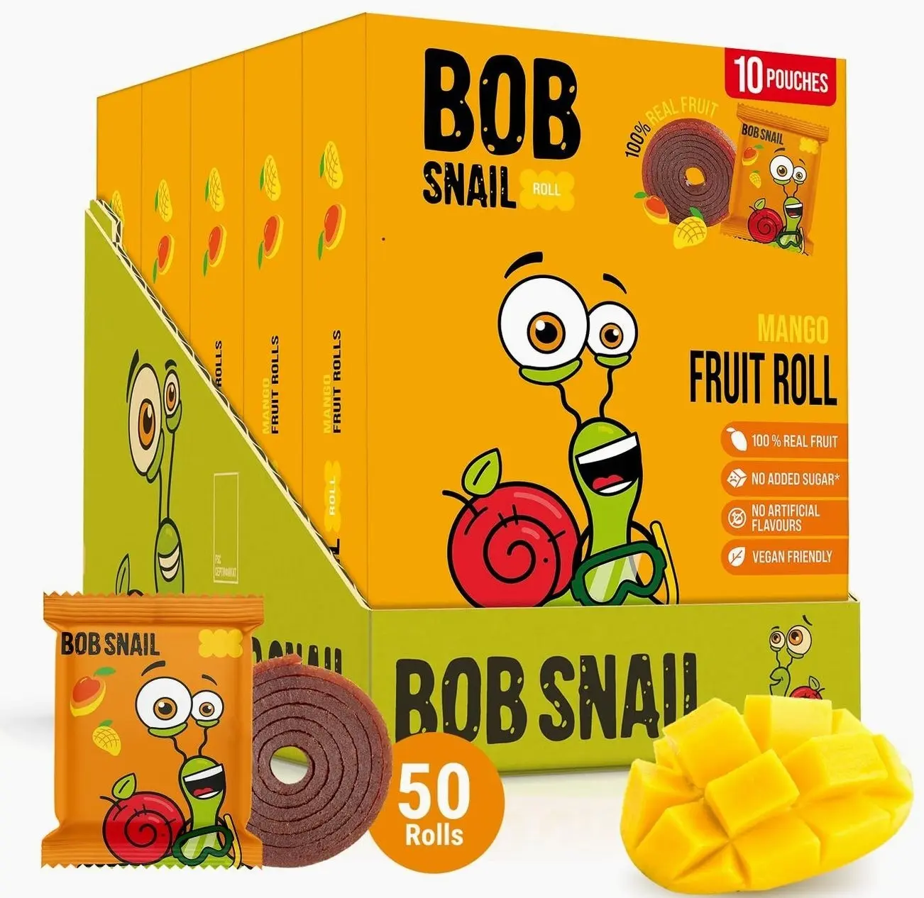Bob Snail Fruit Roll Ups – Healthy Sweets Snacks, Real Dried Fruits, No Added Sugar, Vegan, Nut Free, Candy for Adults, Kids, with – Bulk 50 pcs Rolls, 500g (Mango)
