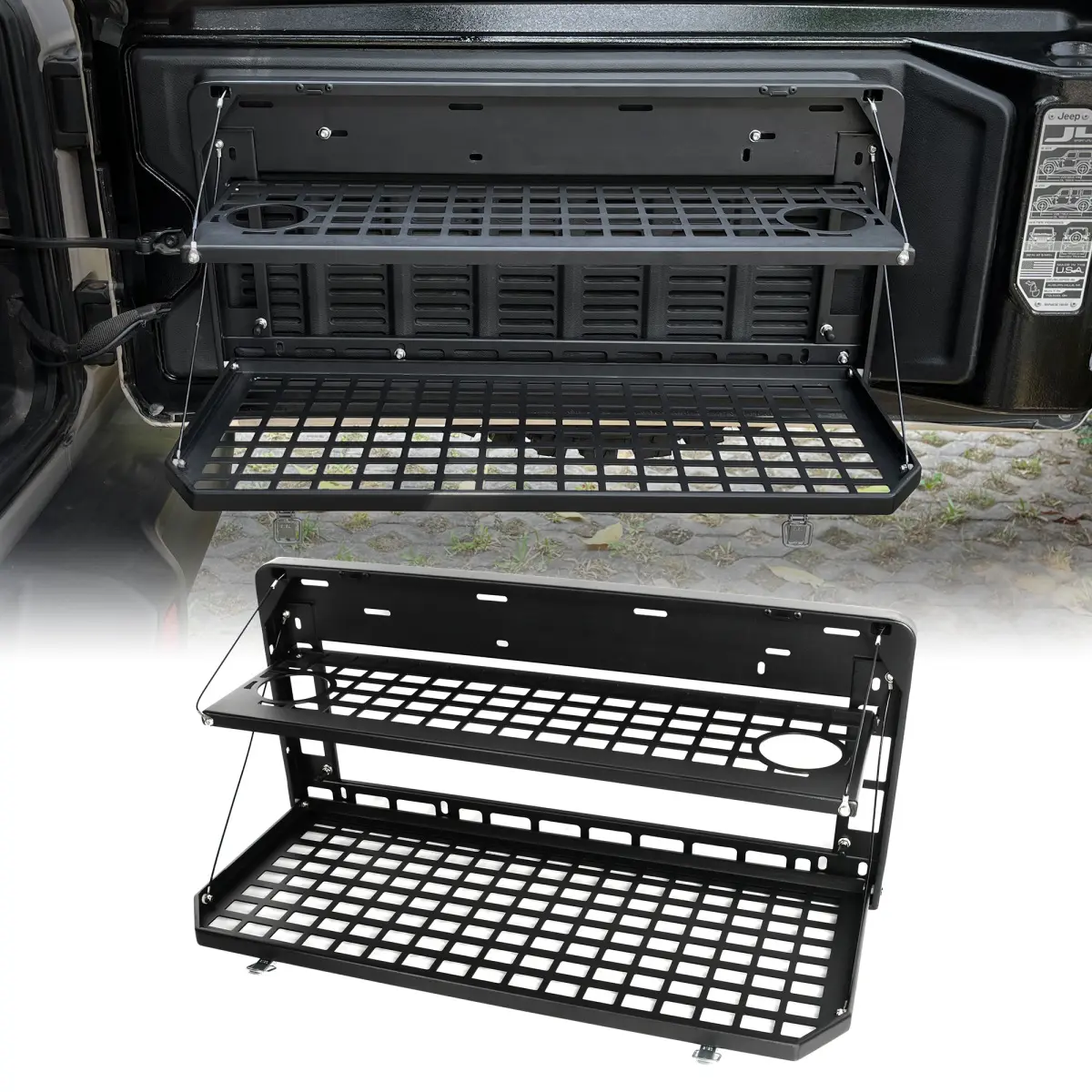 Foldable 2-Tier Aluminum Alloy Tailgate Table Car Accessory - 100 LBS Load, Corrosion Resistant, Easy Install, MOLLE Panel - SUV Accessories for Jeep Wrangler JK JKU JL JLU 4 Door 2007-2026, Universal Automotive Organization Tool