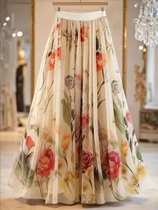 Women's Floral Print Long Skirt, Sheer Mesh Material, Elegant Half-Length Dress, Perfect for Casual & Special Occasions
