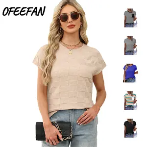 OFEEFAN  Short Sleeve Sweater for Women Crew Neck Trendy Summer Tops 2026 Travel Business Casual Spring Outfits with Pocket Womenswear