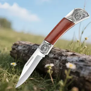 Folding Pocket Knife Vintage Style, Etched Blade with Rosewood Handle for Outdoor Camping & Collecting