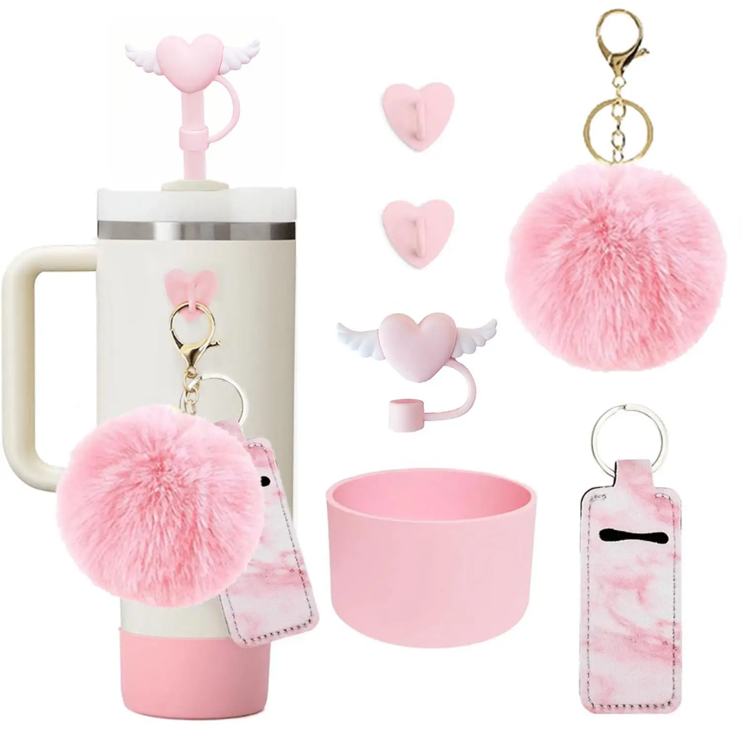 Cup Holder Accessories Set, 6 Counts/set Including Silicone Cup Holder, Straw Cover, Heart Shaped Hooks, Keychain and Decorative Plush Ball, Cute Gift