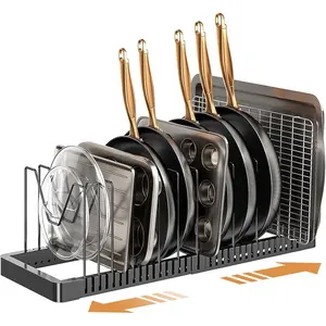 Pots and Pans Organizer Rack for Cabinet, Expandable Pot Lid Organizer Holder with 12 Adjustable Compartment, Kitchen Cabinet Organizer for Lids & Bakeware - Pantry & Countertop Storage Rack