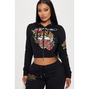 Ed Hardy Retro Tiger Zip Front Hoodie - Black D