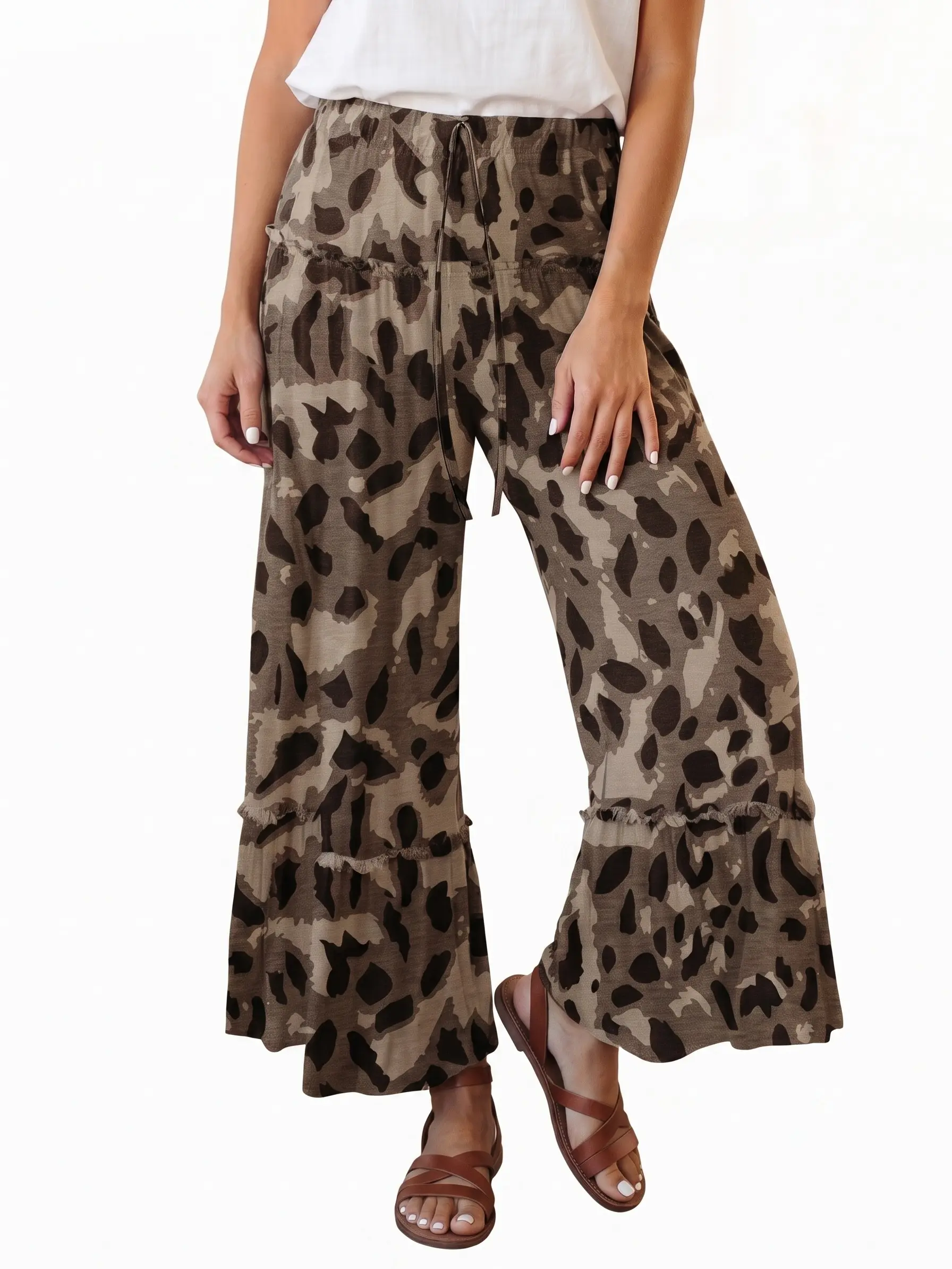 Women's Wide Leg Lounge Pants High Waisted Drawstring Flowy Casual Trousers Tiered Boho Camo Print