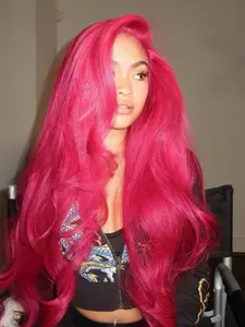 Hot Pink Body Wave Lace Front Wigs Synthetic Lace Front Wigs Pre Plucked  with Baby Hair 13×4 Transparent Lace Front Wigs for Women  180% Density Rose Pink Loose Wave Glueless Synthetic Wig Party or Daily Use