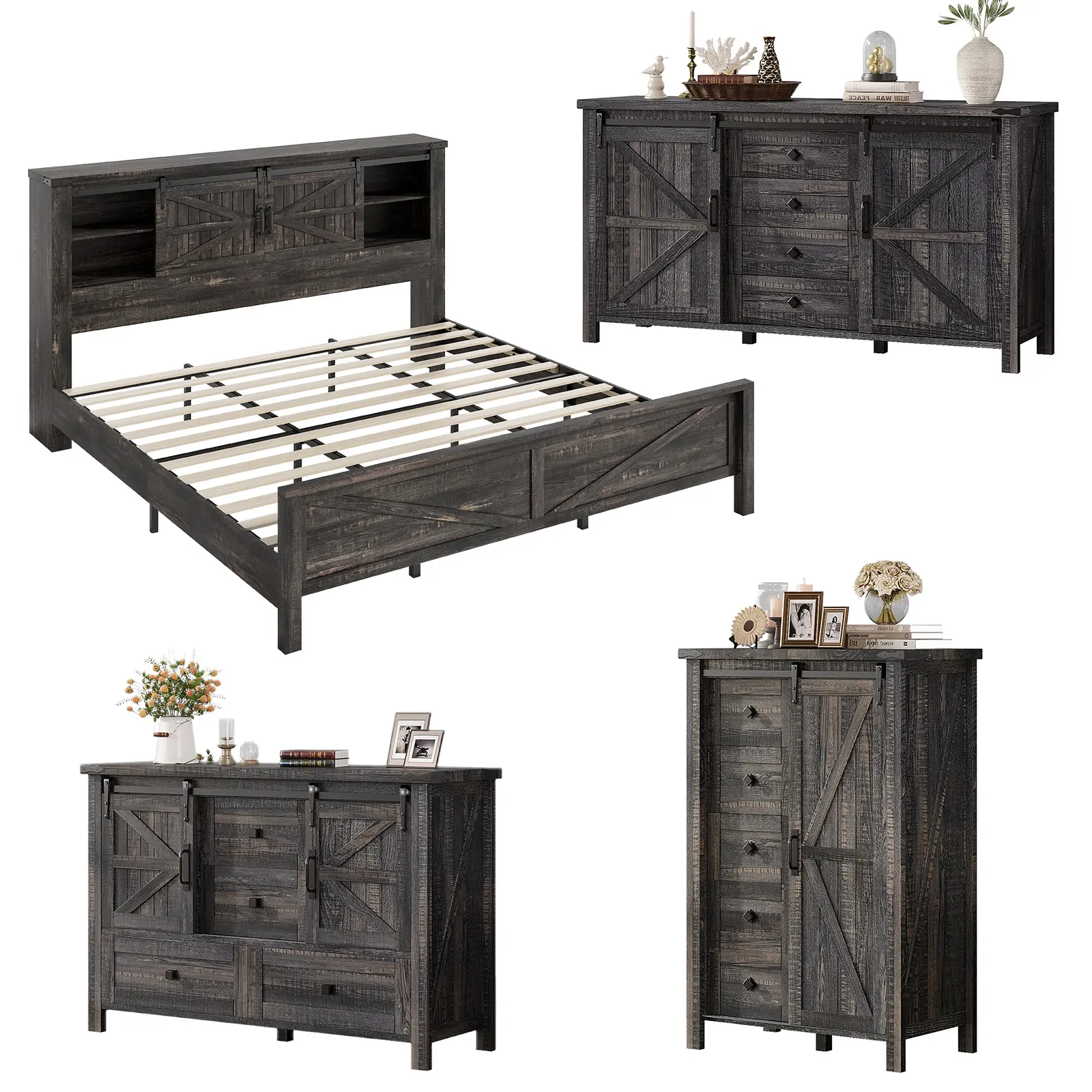VanAcc 4-Piece Farmhouse Bedroom Set, Bed Frame with Bookcase Headboard, 5-Drawer Tall Dresser, 47'' Dresser with 4 Drawers, 60" Dresser with 4 Drawers
