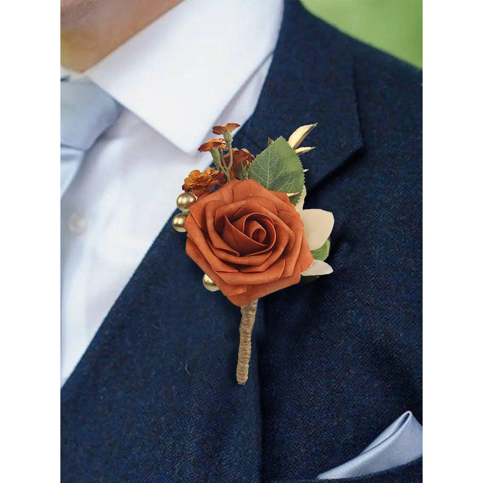 Rinlong 4.5" Tall Burnt Orange Foam-Silk Boutonniere Pins, Vintage Gentleman's Wedding Flowers Lapel Wear, Festive Party Home Supplies