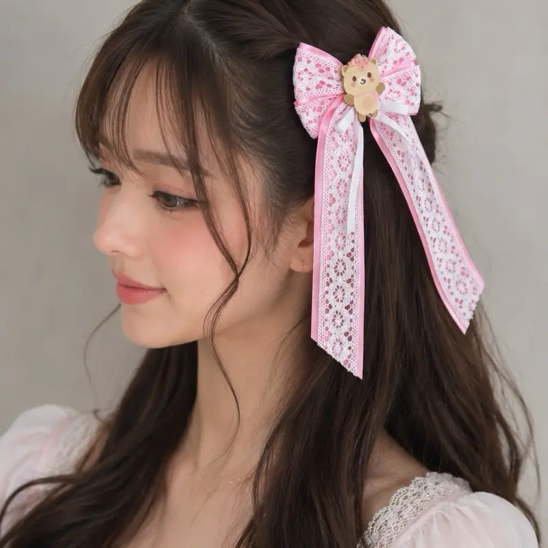 Pink Lace Strawberry Bear Hair Bow | 4.5” Wide with 9” Tails | Boutique Kawaii Hair Accessory rts bows pretty bow