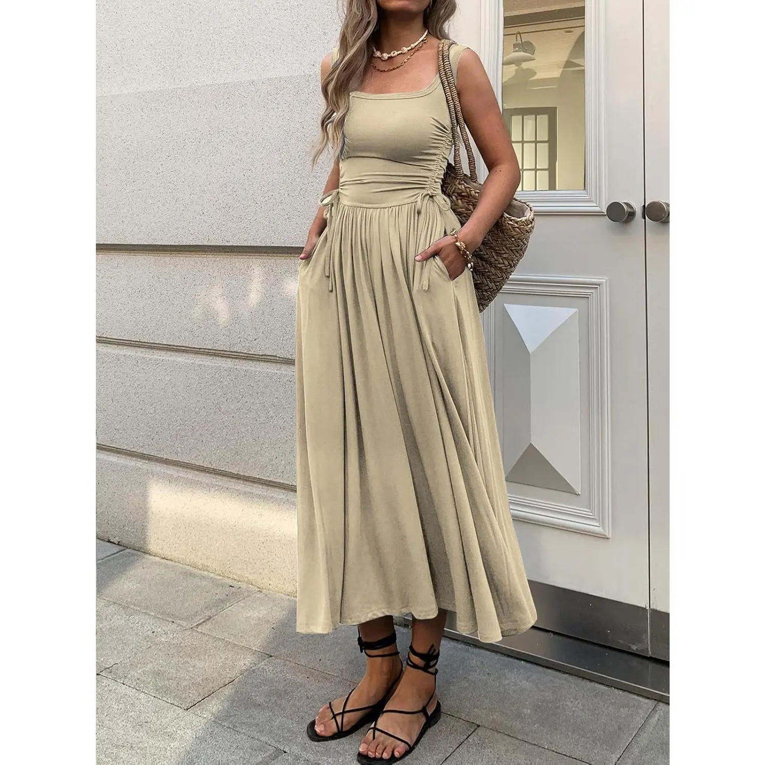 Women's Boho Summer Maxi Dress with Pockets, Adjustable Waist, Sleeveless  Casual Ruched Sundress for Beach Vacation
