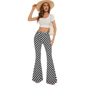 ODEFOU Women's High Waisted Thick Comfortable Checkered Flag Jeans - Fashionable Hip-Flattering Plaid Bell Bottom Denim Bootcut Pants with Button, Pocket, Zipper & Flared Leg for Race Day