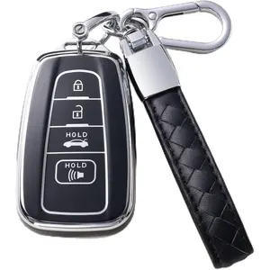 for Toyota Camry Key Fob Cover with Leather Lanyard, Car Key Case Shell Protection for 2018-2022 Camry RAV4 Highlander 3/4 Button Smart Remote Control Protector, Black