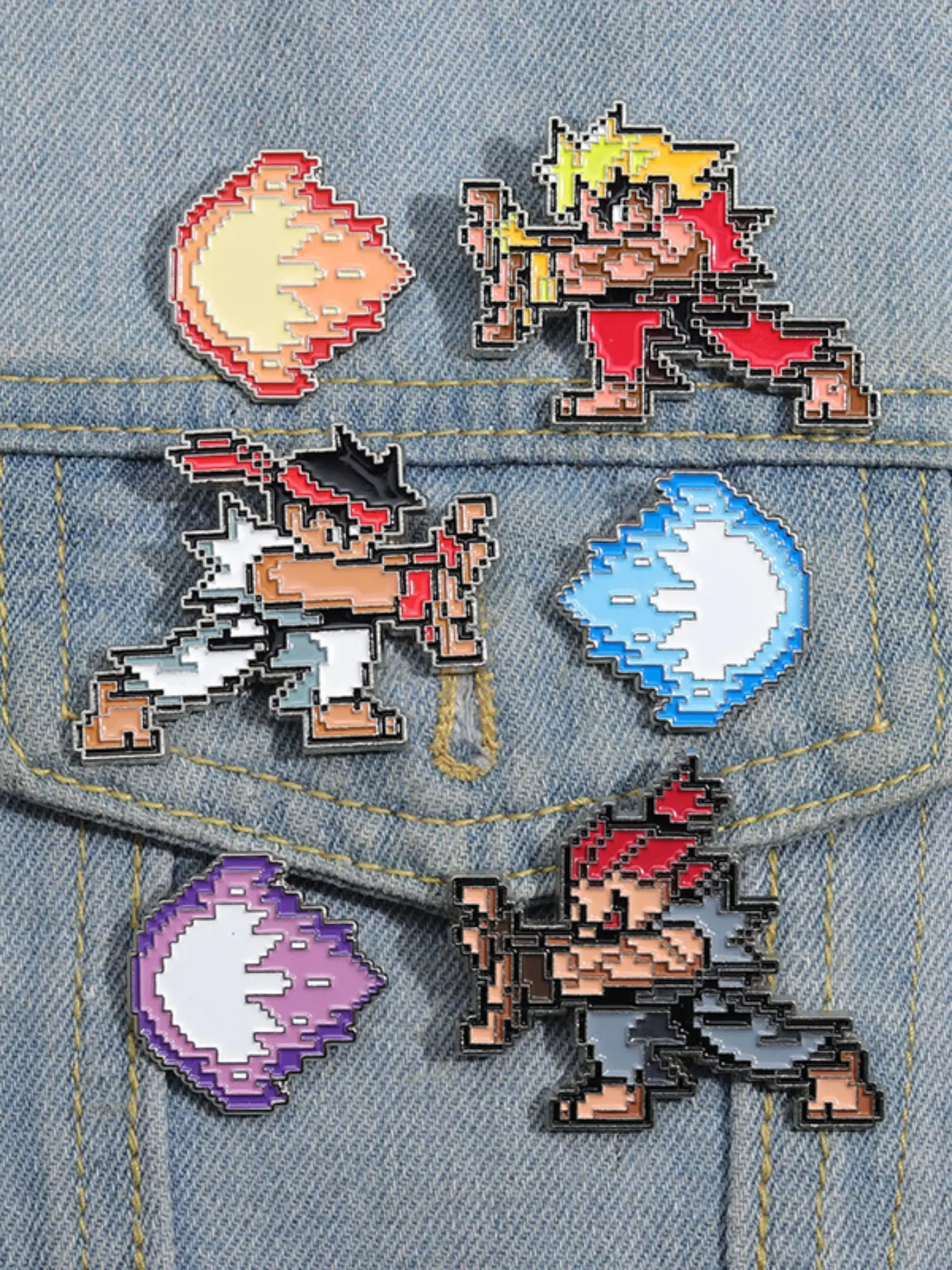 6-piece Set Street Fighter Pixel Art Cartoon Enamel Lapel Pins Brooches Vintage Retro Video Game Collectible Akuma Ken Ryu and Hadoken Fireball Designs Backpack Jacket Hat Decoration Gift Anime Fighting Game Gift for Fans Collectors