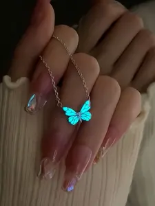 Night Glow Butterfly Necklace Design, High-End Blue Glowing Dynamic Butterfly Necklace for Women, Forest Style Aurora Clavicle Chain
