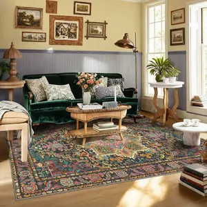 Kokia 8x10 Washable Black and Pink Area Rugs with Vintage Orient Design Soft Rug for Living Room or Bedroom Non-Slip Low Pile Stain Resistance Features Distressed Medallion Pattern