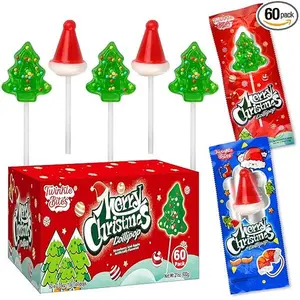 60 Pack Christmas Lollipops - Individually Wrapped Christmas Holiday Themed Hat And Tree Lollipops - Colorful Red & Green Designs & Delicious Flavor -Bulk Candy Use For Stocking Stuffers, Party Favor, Classroom & Office Treats, Candy Jar Fillers