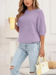 Women's Lavender Knit Sweater, Casual Puff Short Sleeve Crew Neck Loose Pullover Top #LavenderKnitSweater#PuffSleeveSweater#LooseFitKnitTop #CrewNeckPullover#SoftCasualKnitwear#Fashion2026#PastelColorSweater#OversizedShortSleeveTop#EverydayOu
