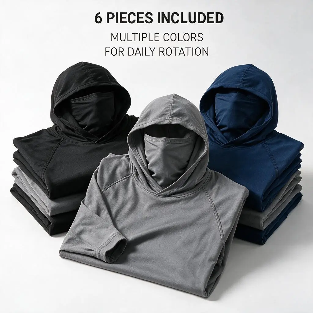 6 PCS Men’s Outdoor Hooded Athletic Shirts with Face Mask, High Stretch Quick Dry Performance Tops, Breathable Lightweight Cooling Long Sleeve Hoodie for Fishing, Golf, Cycling, Hiking, Travel and Outdoor Work
