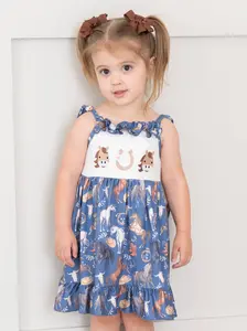 Steel Blue Horse Embroidered Ruffle Dress