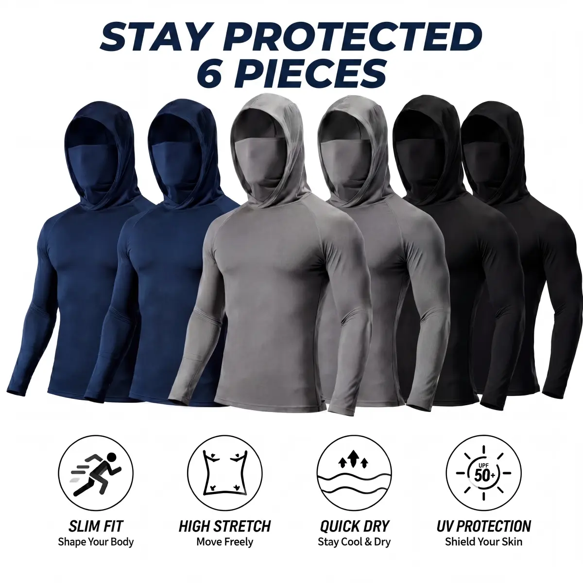 Men's 6-Pack Multi-Wear Hooded Shirts, Slim-Fitting High Stretch Activewear with Built-in Face Mask, UPF 50+ Quick-Dry for Outdoor Sports & Gym, Activewear Athletic, Casual Athletic Apparel, Elastic Breathable Sportswear, Male, All Seasons, Activewear Fit