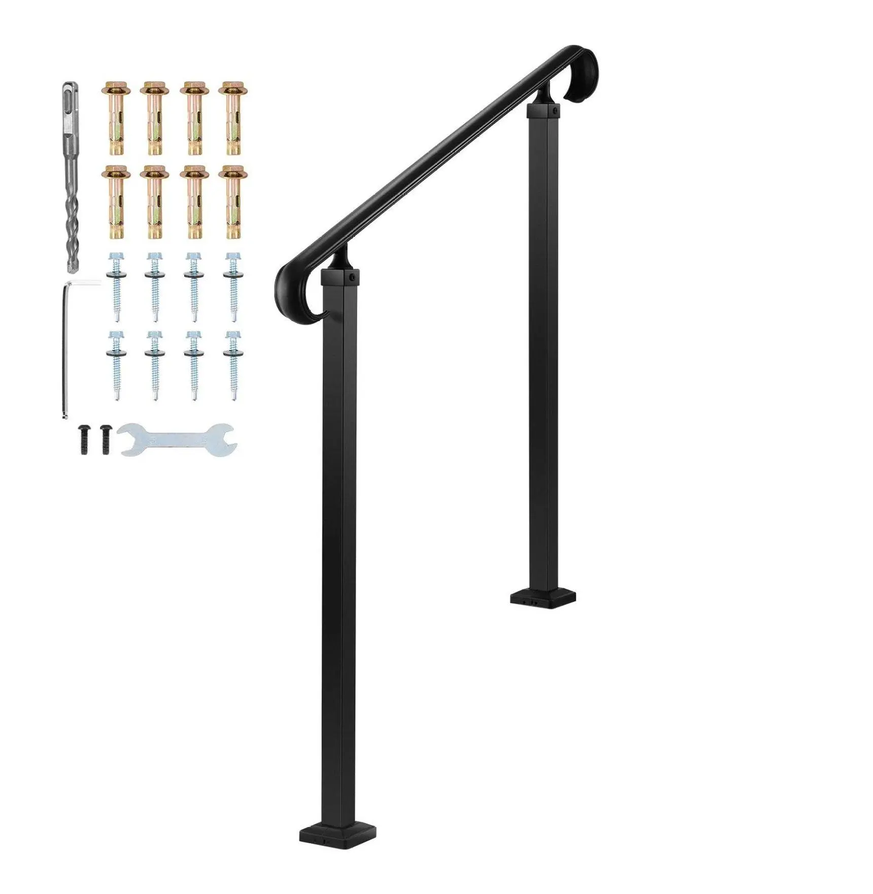 Outdoor Adjustable Carbon Steel Transitional Stair Railing Kit (1 Kit) - 2-3 Steps, 27in Post to Post, 220lbs High Load Capacity, Easy Installation, Weatherproof, Gardens Fit, Exterior Concrete/Wood Compatibility, Matte Black Elderly Safety Support