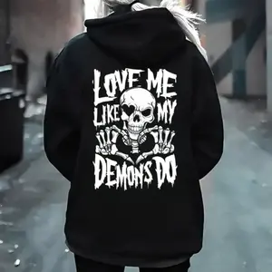 Women's Cowl Neck Hoodie - Polyester-Spandex Yarn Fabric, Skeleton Heart Hands Graphic, Gothic Skull Design, Dark Aesthetic Grunge Alt Fashion Top