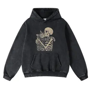 Skeleton Hugging Cat Hoodie Unisex Vintage High-Quality Crew Neck oversized loose Fit Cotton Fabric Casual Comfort Windproof Warm Funny Long Sleeve Sweatshirt Fashion for Men and Women Top Daily Wear 102012