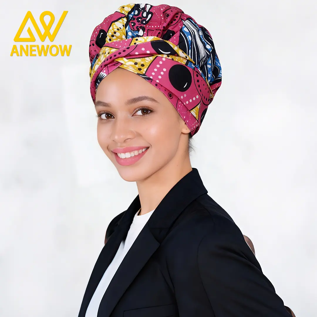 ANEWOW Hot Pink Geometric Dot Satin-Lined Ankara Turban Headwrap, Casual Daily Clothes Accessory, Polyester Stretch Fabric Scarf, Women, Fashion Apparel
