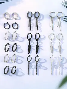 Punk Style Feather & Moon Design Stainless Steel Earrings, Fashionable Dangle & Hoop Earrings, Dangling Earrings for Women & Men, Trendy All-match & Exquisite Jewelry for Birthday Gift