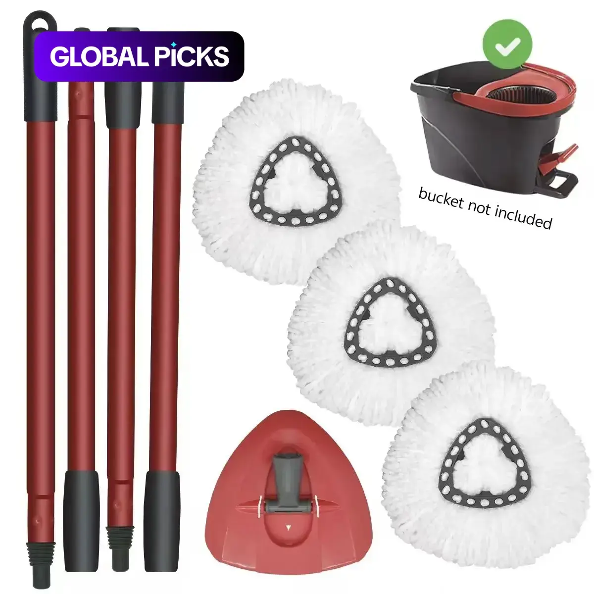Spin Mop Head, Base and Handle Replacement Set, Mop Head Replacements for Oceda EasyWring Microfiber Spin Mop, 3 Mop Refills, 1 Triangle Mop Head Cover and Four-Section Handle (Only Fits 1-Tank System, Bucket Not Included) #GLOBAL PICKS