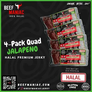 Halal Beef Jerky 4-Pack Quad Jalapeno by Beef Maniac | Natural Hardwood Smoked Premium Jerky Made in Michigan