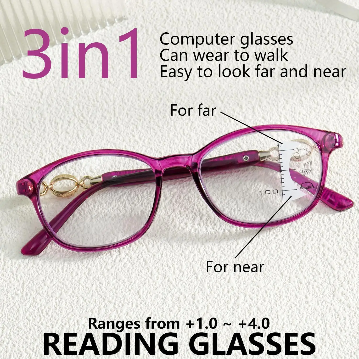 Unisex Progressive Multifocal 3-in-1 Reading Glasses - +1.0 to +4.0 Strength, Ultra-Light PC Frame, Near Vision Aid Eyewear Accessory, Adults, Single Item, Everyday Wear