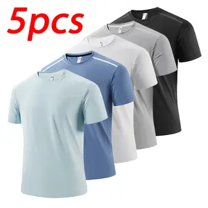 Cooling Ice-Touch Quick-Dry Lightweight Breathable 5-Pack Sports Fitness Functional Ice-Cool Sweat-Wicking Seamless 4D Geometric Mesh-Panel Short-Sleeve Shirts, Unisex, Activewear Running