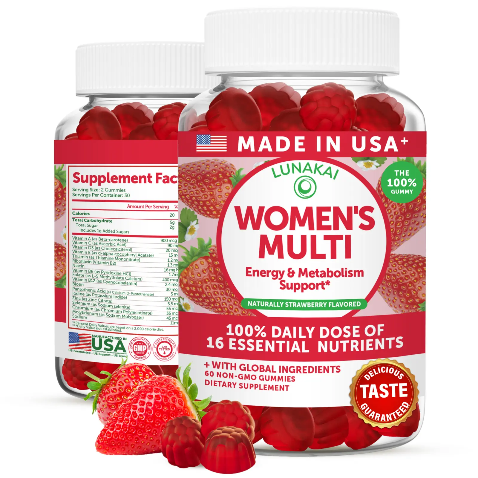 Lunakai USA Made Women’s Multivitamin Gummies Delicious Strawberry Flavor, 60ct, vital source feminine balance gummies Fitness Supplement