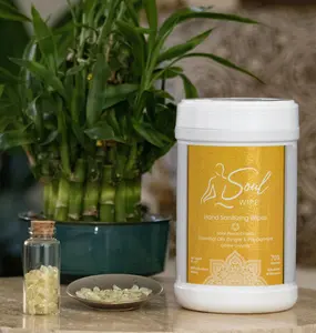 Soul Wipe Natural Hand Sanitizing Wipe Solar Plexus Chakra Mediation Tool Made with Peppermint and Ginger Essential Oils 100% Bamboo Small Crystals at bottom of canister aligned with Solar Plexus.