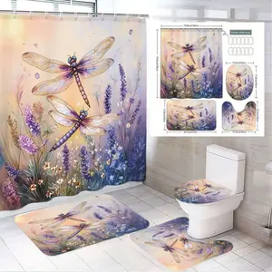 1/4pcs Whimsical Watercolor Dragonfly and Wildflower Bathroom Décor Set - Dreamy Shower Curtain, Toilet Lid Cover & Matching Bath Rugs for a Serene Sanctuary in Your Home - Perfect for Spring Refresh or Gift Ideas