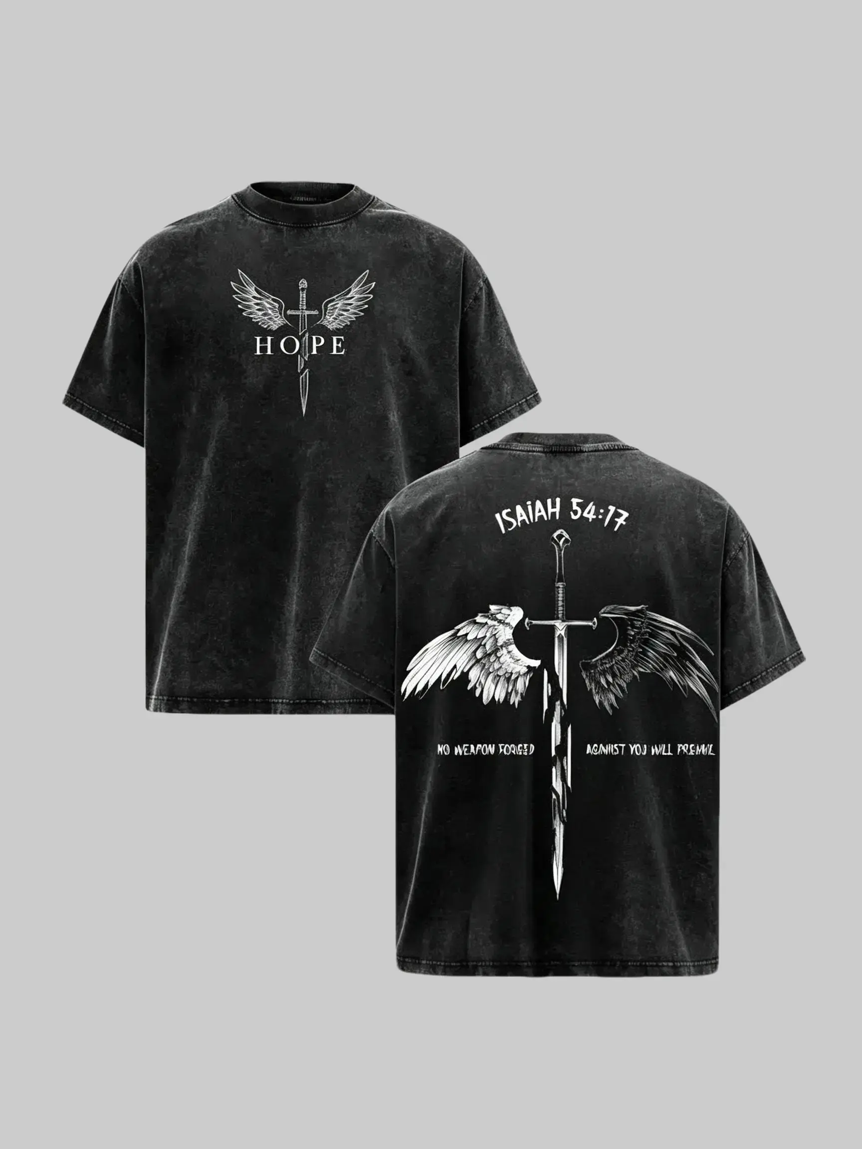 Men's Casual Fit Short-Sleeve Cotton T-Shirt, Christian Faith Streetwear with Isaiah 54:17 Angel Wings & Sword Graphic Print, Hope Jesus Apparel, Round Neck, Pump Cover, Medium Length, Cold Machine Wash, Church Outings Tops, Size M