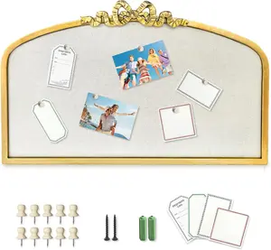 Arched Linen Cork Board with  Bowknot  Decorative Bulletin Board for Walls, Iron Frame Pin Board for Notes, Photos & Reminders, Elegant Vision Board for  & Office 24"x 15"