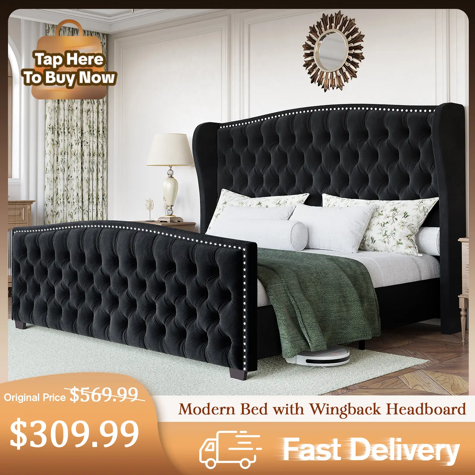 [Restock Sale] AMERLIFE Modern Bed Frame with Wingback Headboard, Velvet Upholstered Bed Frame with Handmade Button Tufted & Nailhead,Wooden Slats Sup