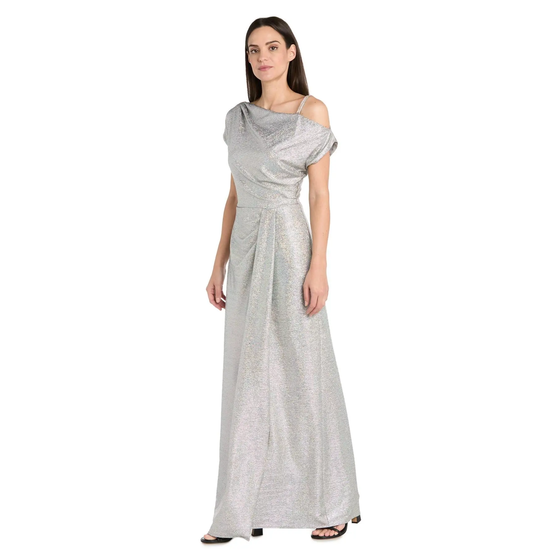 Silver Metallic Gown with Off the Shoulder Sleeve, Rhinestone Strap - Petite