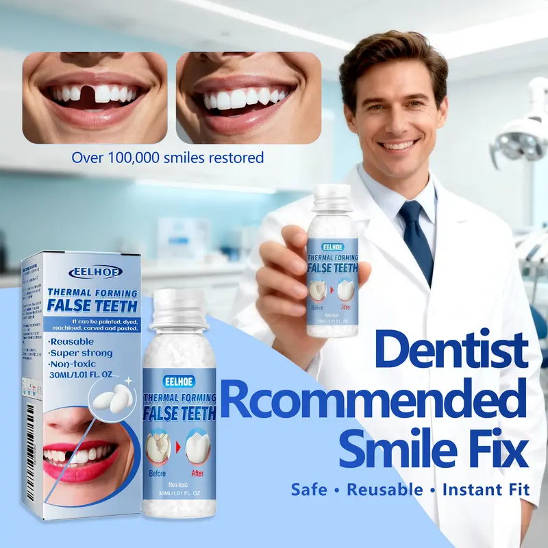 EELHOE Moldable Dental Gel Dentures Temporary Fillings for Broken Teeth, Cavities & Gaps | Shapeable Tooth Repair Kit with Dental Glue Film & Makeup | Oral Care Fake Tooth Replacement Solution Reusable Natural Smile Dental Veneers