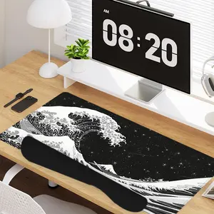 4 - in - 1 Black - White Wave & Starry Sky Large Gaming Mouse Pad + Keyboard Wrist Rest + Mouse Pad with Wrist Support + Coaster Set with Ergonomic Design for Home Office Table Computer, Rubber Base Mousepad with Stitched Edges, Easy Typing Pain Relief