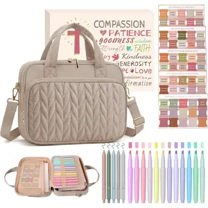 Large Bible Cover Case Bag for Women, Large Bible Bag with Study Supplies, Bible Journaling Kit with No Bleed Highlighters and Pens, Christian Gift for Women with Shoulder Strap, Smokey Taupe