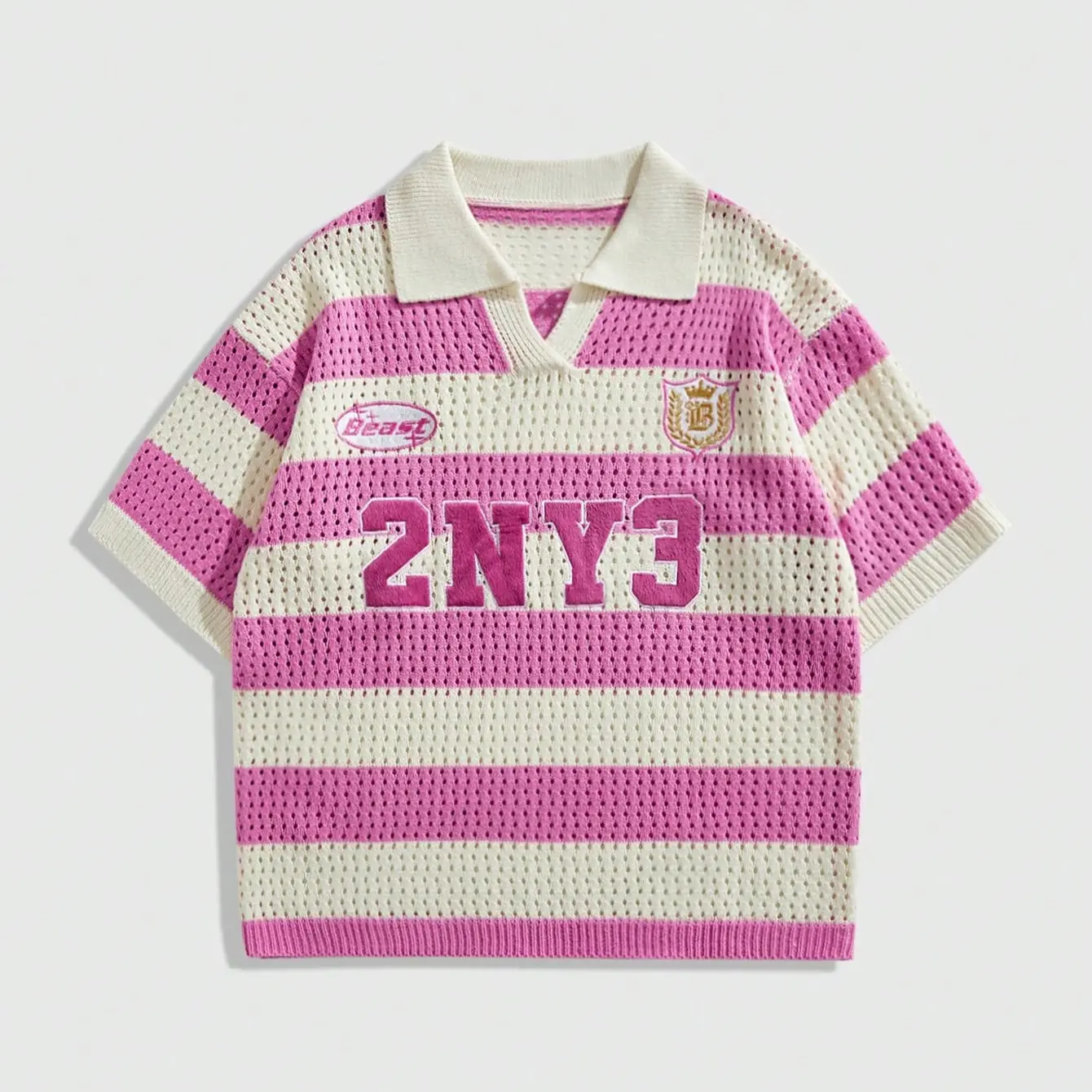 Unisex Knitwear Letter Striped Jacquard Knit Short Sleeve Polo